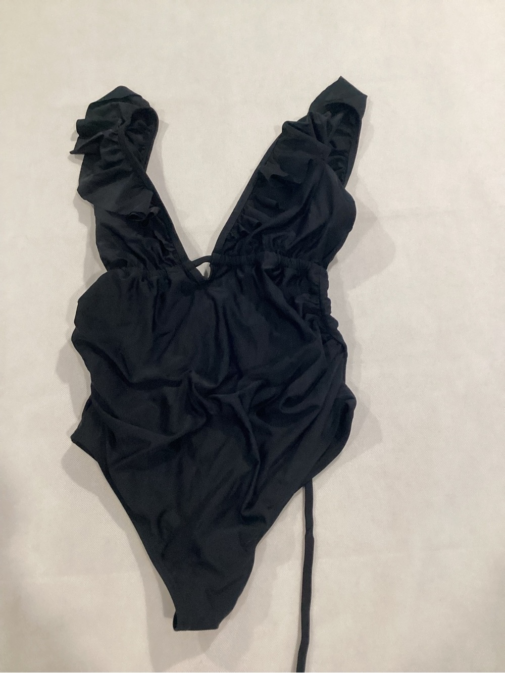 Ruffled V-Neck Black Bodysuit with Tie Detail